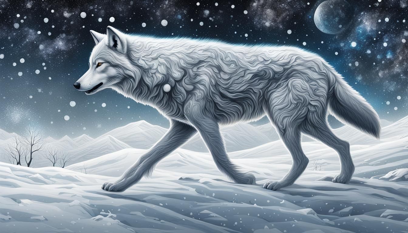 Wolf Walking in Blizzard: Holographic Cosmic Illustration