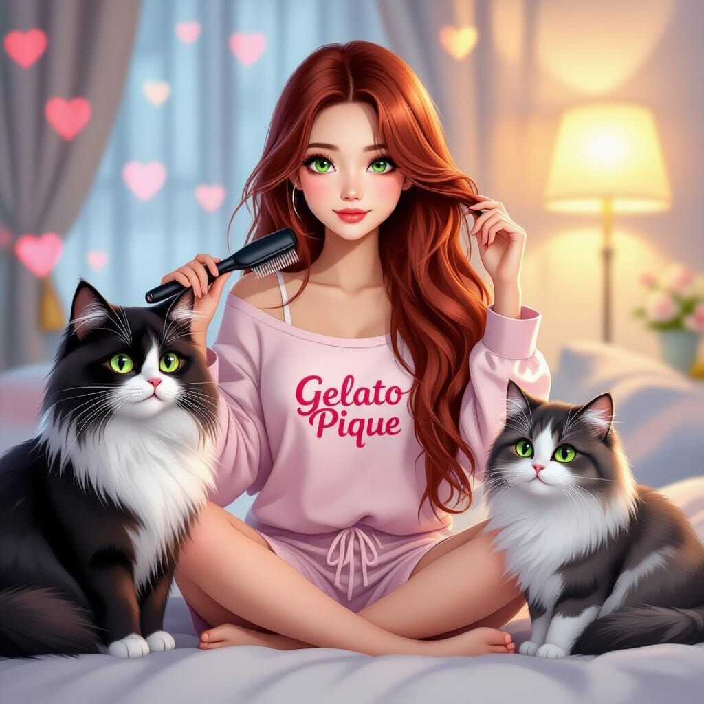 Japanese Woman Brushing Hair with Cats