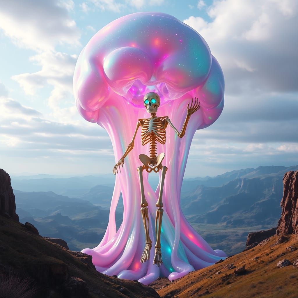 Giant Iridescent Slime Creature in Surreal Landscape