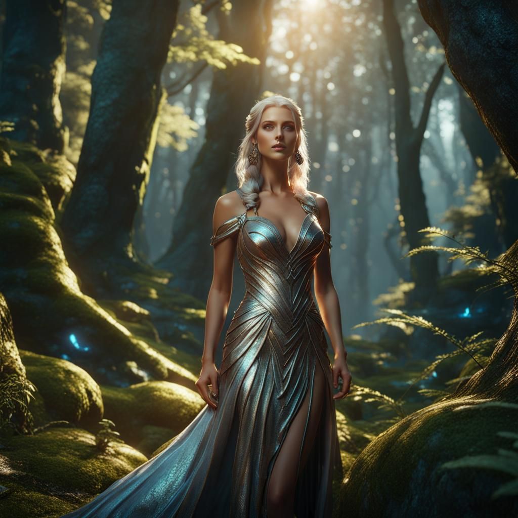 Fantasy Woman in Metallic Dress, 3D Cinematic Render