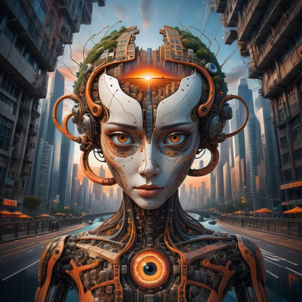 Surreal Cityscape Face: AI Integrated Metropolis