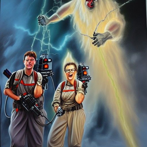 Ghostbusters Confront Beanie Ghost: An Oil Painting