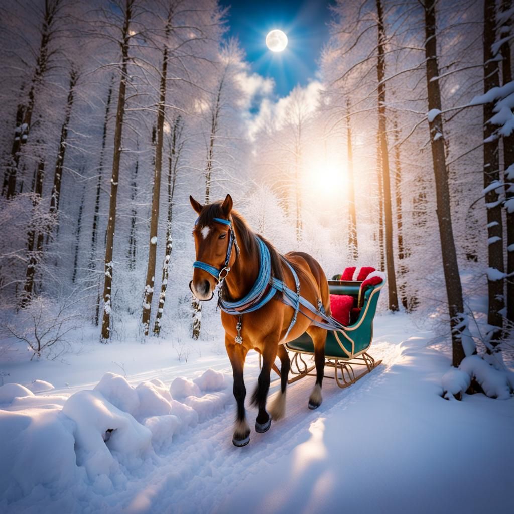 Horse-Drawn Sleigh Under a Full Moon
