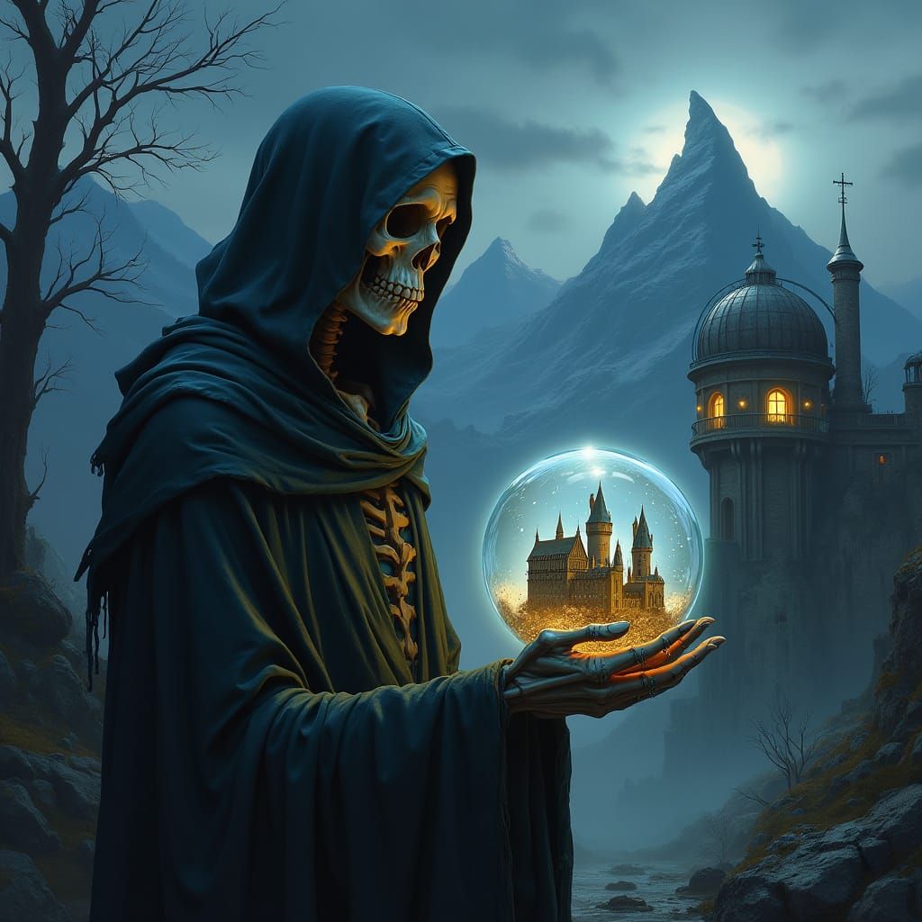 Skeletal Figure Holds Magical Orb with Hogwarts Castle