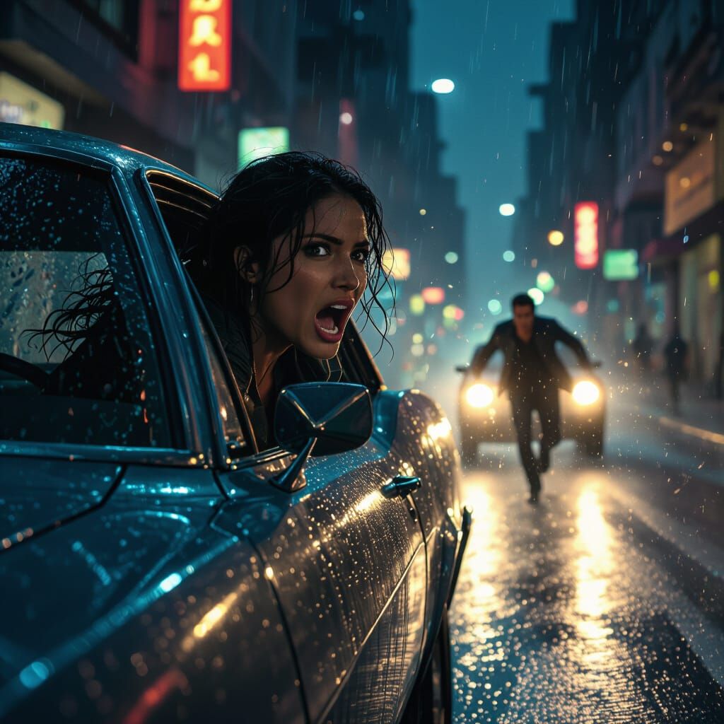 Cinematic Night Action: Latina Woman Urges Hero to Join Ride