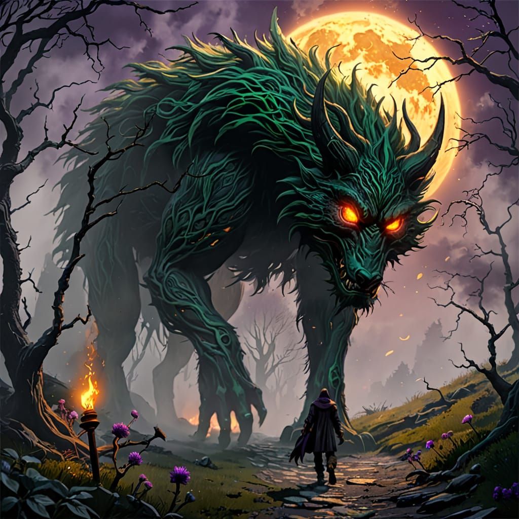Emerald Phantom Hound Lurks in Moonlit Shadows