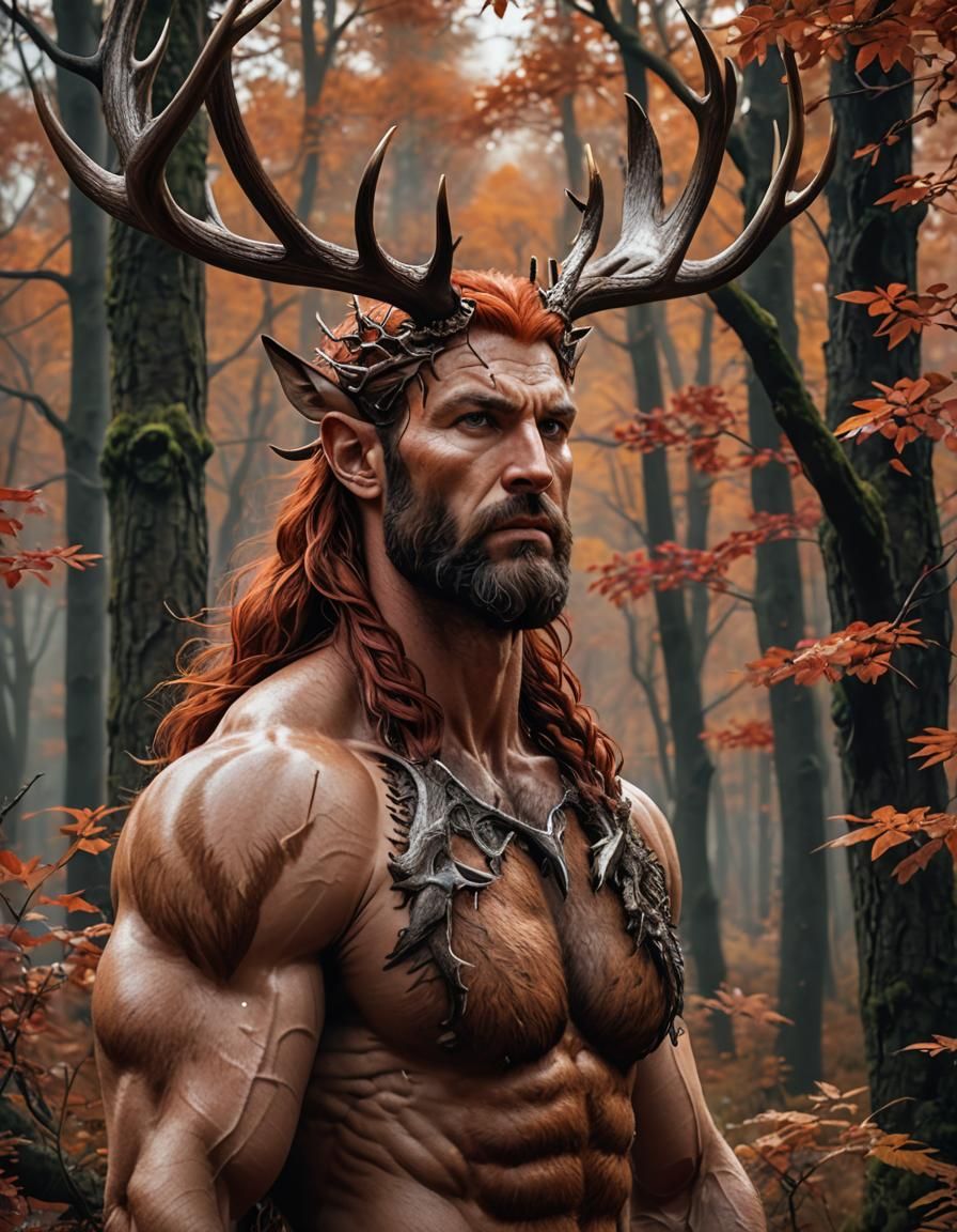 Hirsute Antlered Man in Autumn Forest: 8K Art