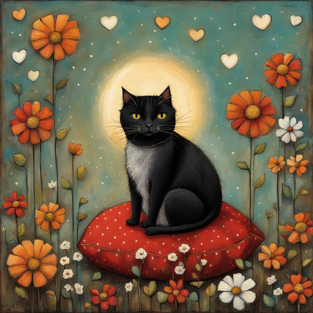 Charming Cat Surrounded by Flowers in Naive Art Style