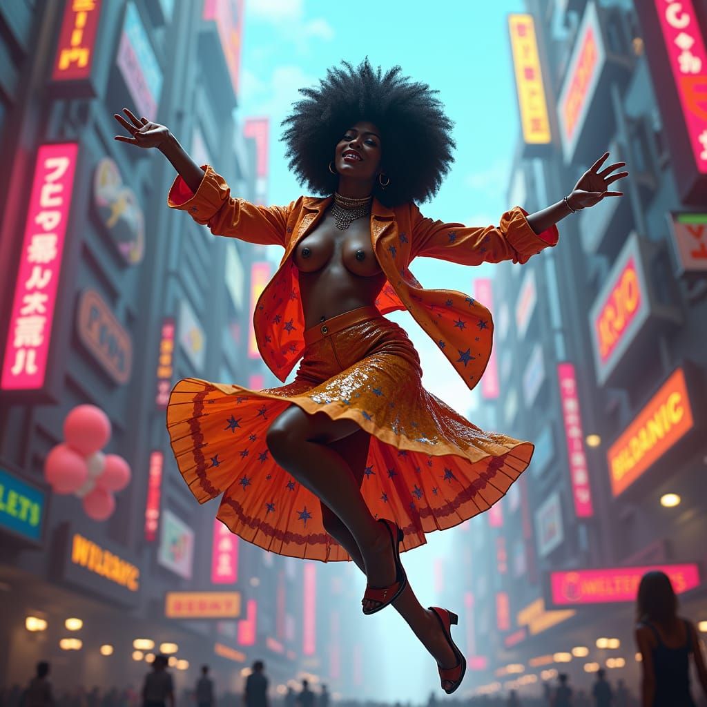 Funky Woman Dancing in Futuristic Cityscape