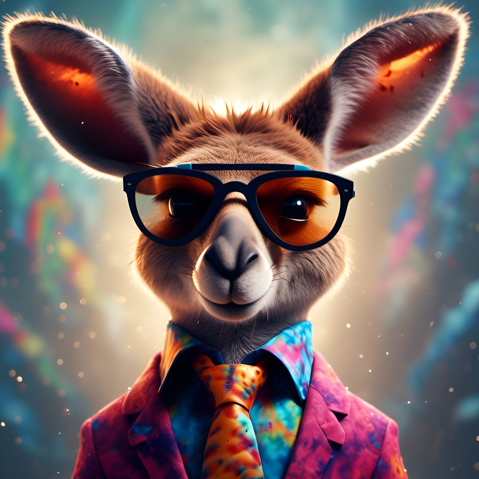 Kangaroo Portrait in Tie-Dye Shirt, Detailed Digital Art