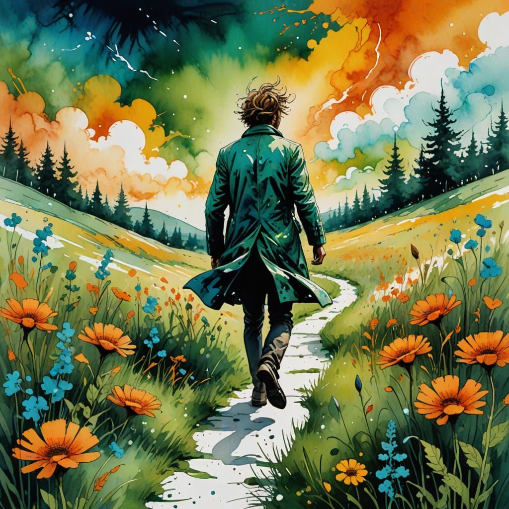 Surreal Dreamlike Figure in a Flowery Meadow