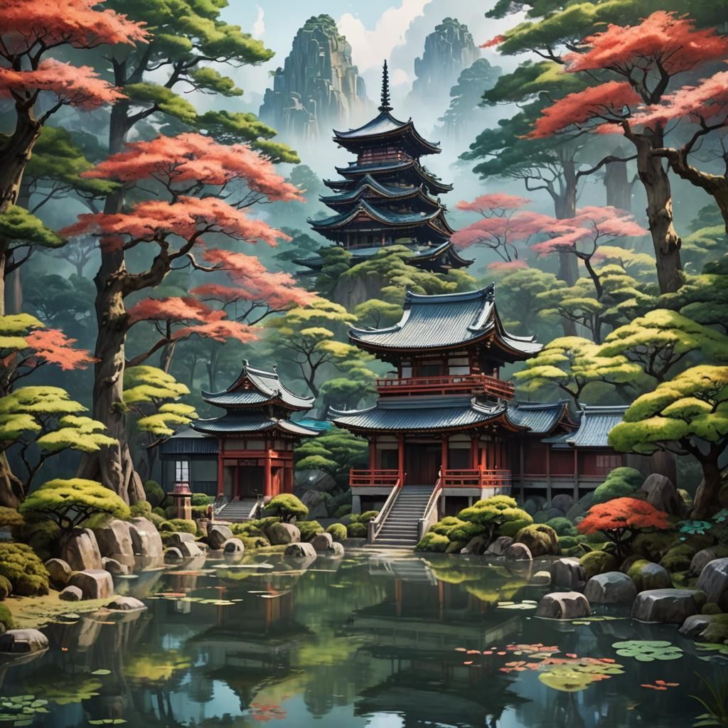 Dreamy Japanese Temple in Impressionist Watercolor