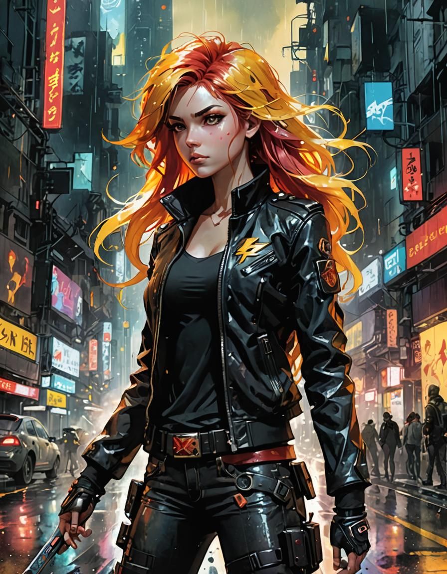 Cyberpunk Woman in Sci-Fi City, Watercolor Sketch