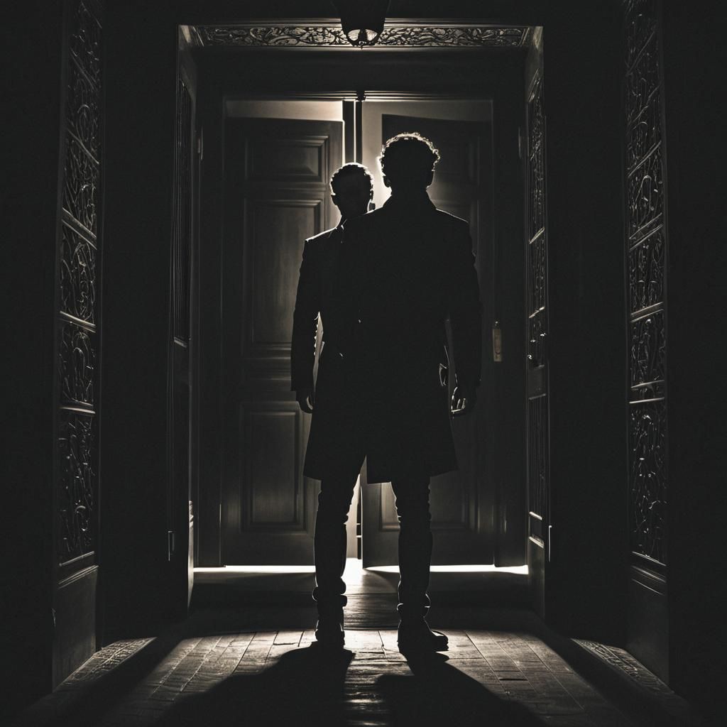 Silhouette Man in Dark Doorway: Hyperrealistic Image