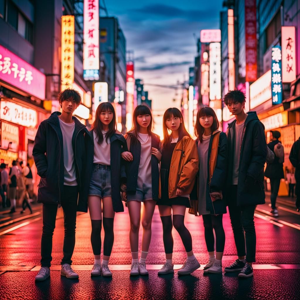 Anime Friends Gather in Tokyo Sunset