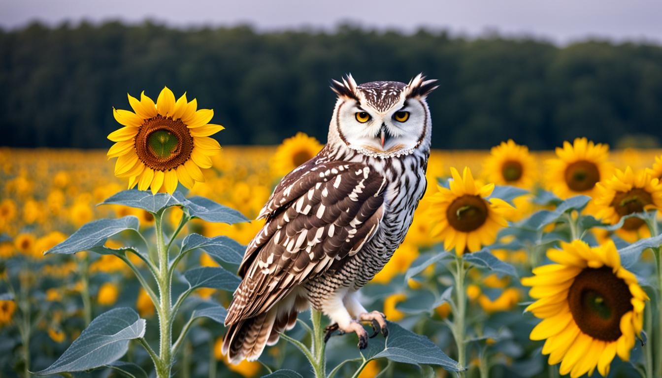 Owl in a Sunny Sunflower Field