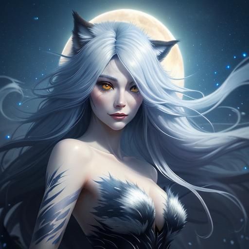 Elegant Female Werewolf Transformation in Fractal Landscape