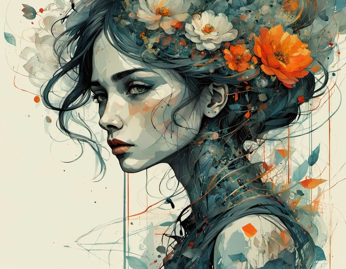 Abstract Woman Portrait with Flowering Branches