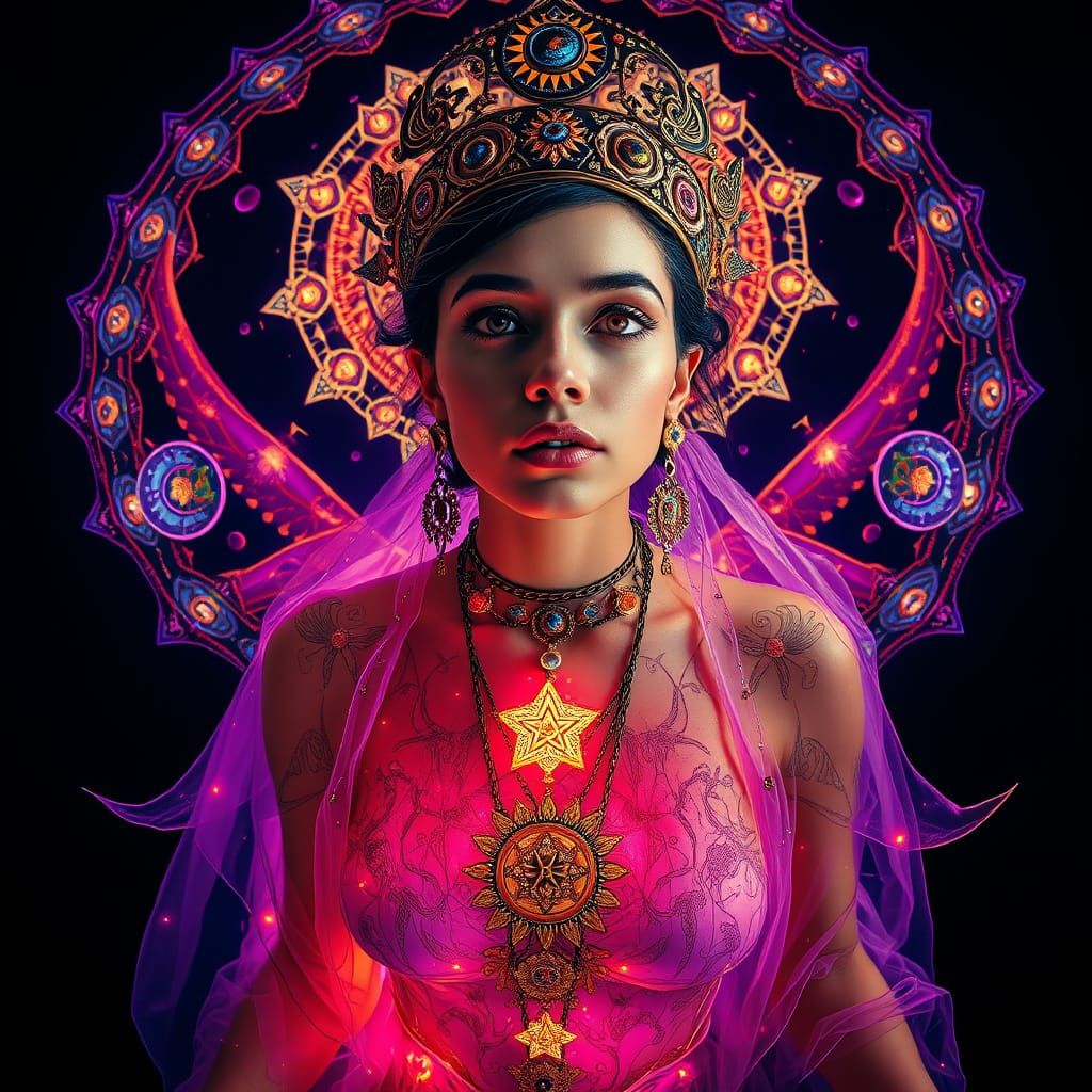 Enchanted Goddess in Vibrant Psychedelic Attire