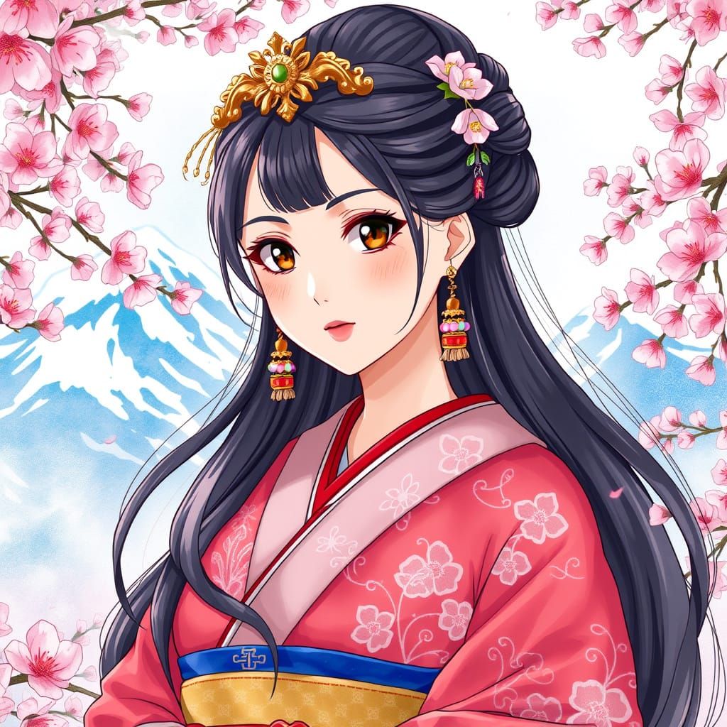 Regal Princess in Traditional Japanese Attire Amid Cherry Bl...