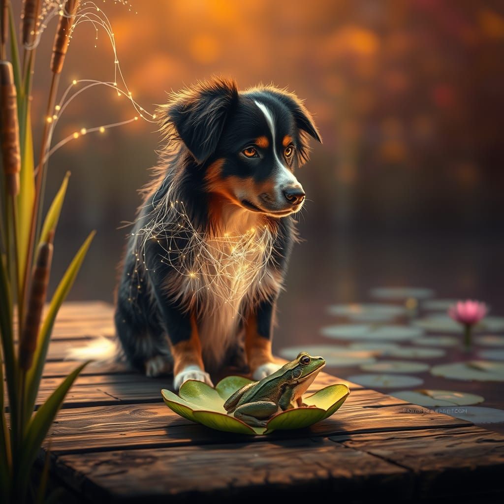 Australian Shepherd Surrounded by Whimsical Fiber Optic Glow...