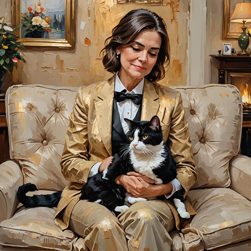 Woman and Tuxedo Cat in Cozy Impasto Painting