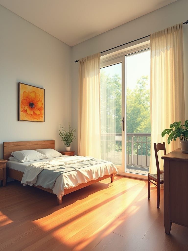 Sunlit Bedroom with Analogous Colors in Watercolor Style