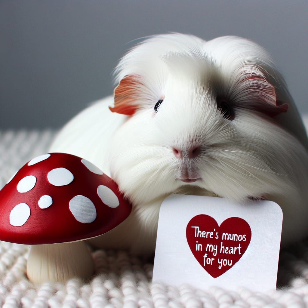 Fluffy Guinea Pig with Mushroom and Heart Sign
