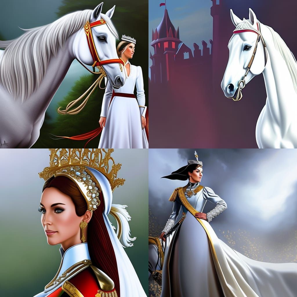 Princess Kate Portrait on White Horse, Hyperrealistic Art