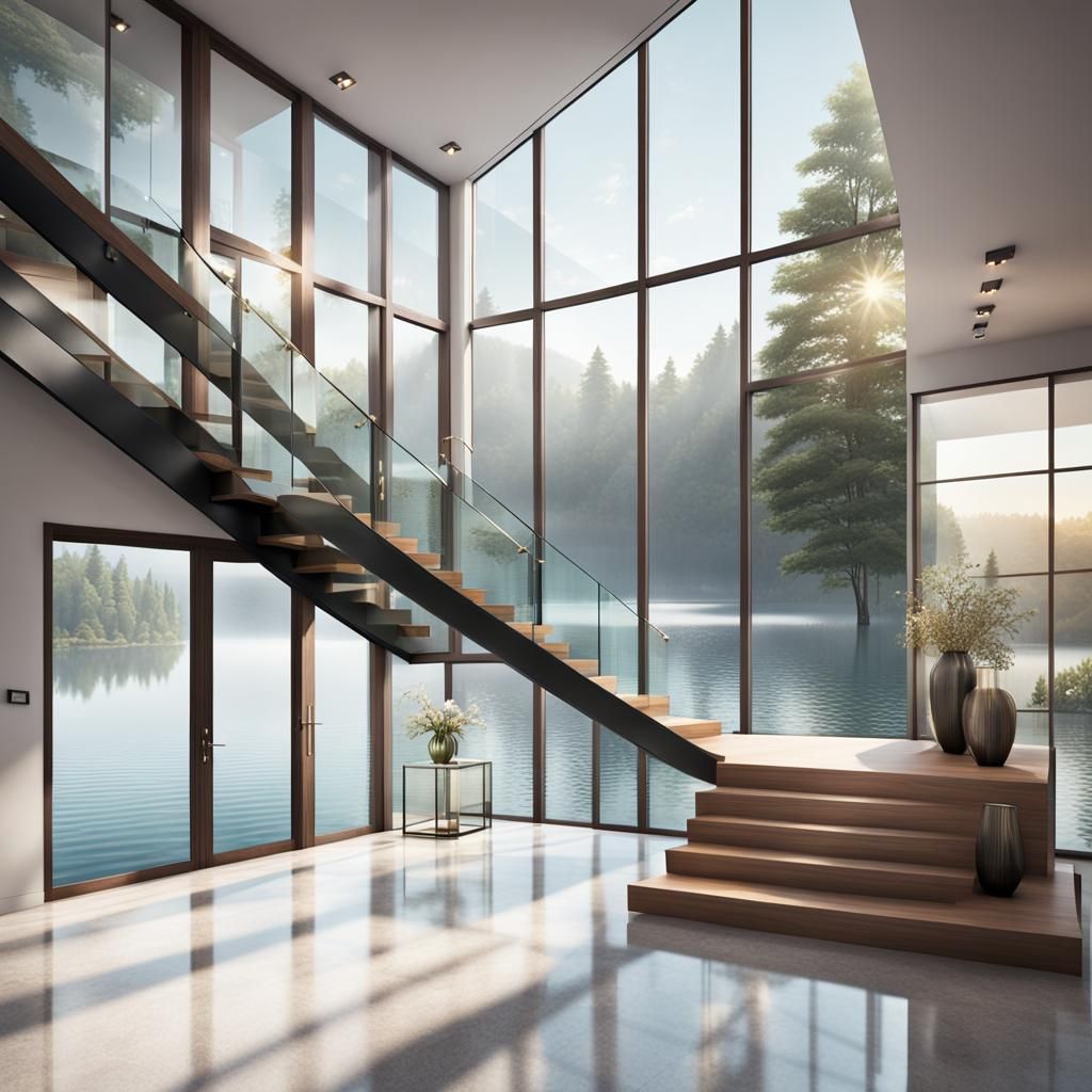 Modern Luxury Interior with Lake View in Digital Art