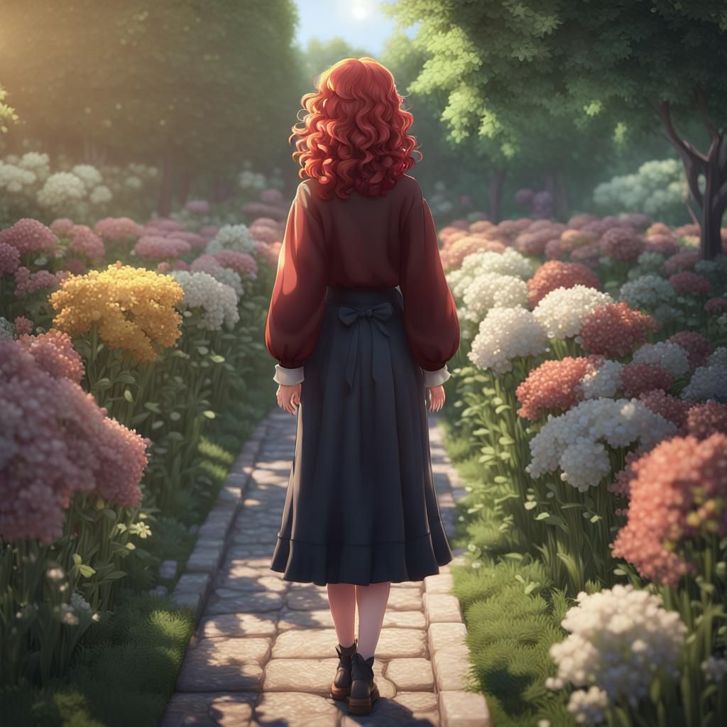 A beautiful woman walking in a garden.