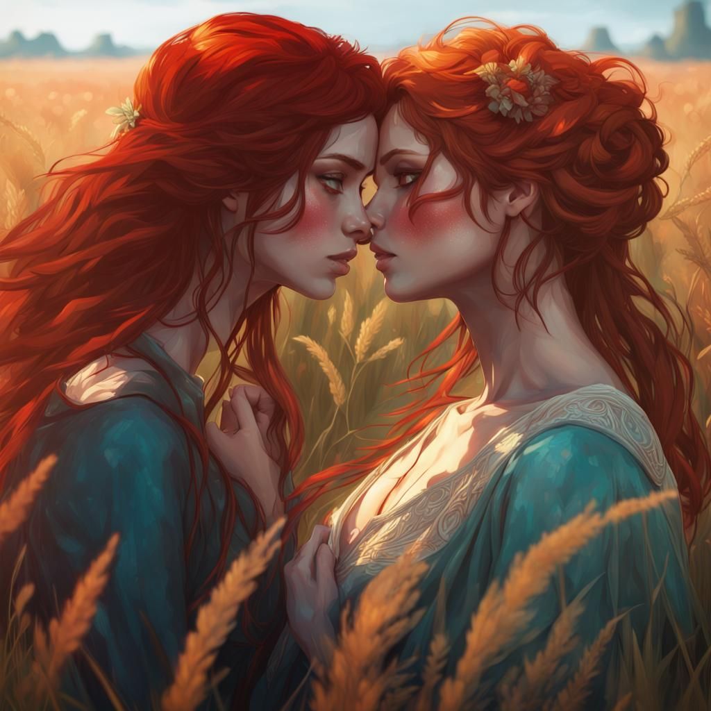 Romantic Kiss in Field: Hyperdetailed Art Nouveau
