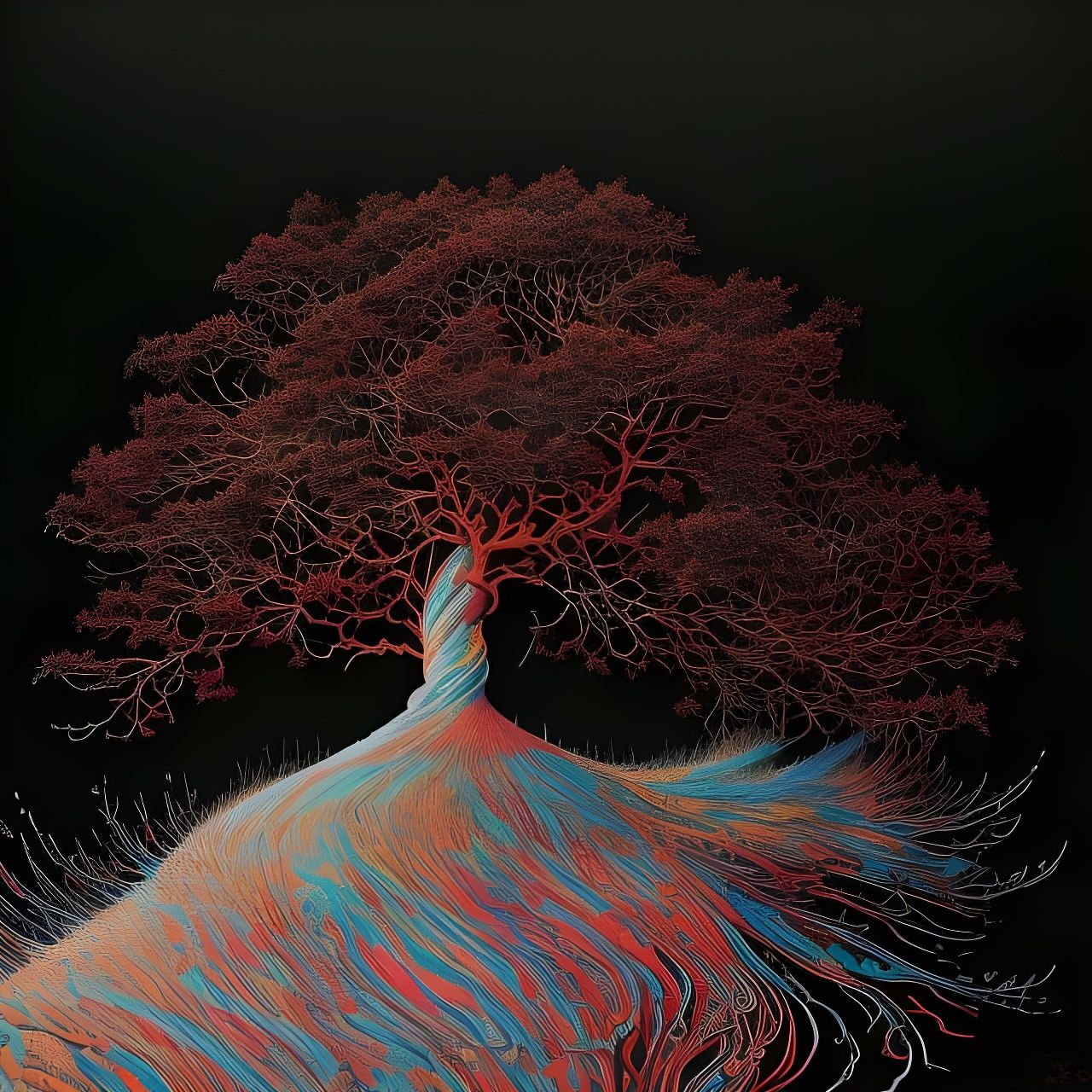 Flaming Spiraling Tree in Acrylic Paint Pour Style