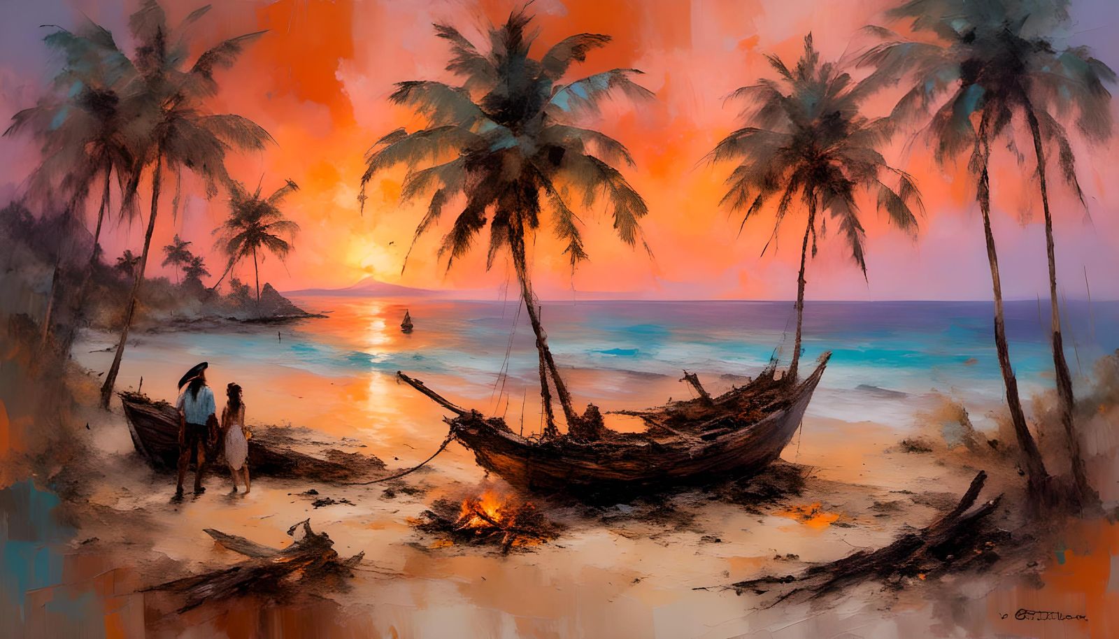 Pirate Shipwreck Bonfire on Caribbean Island at Sunset