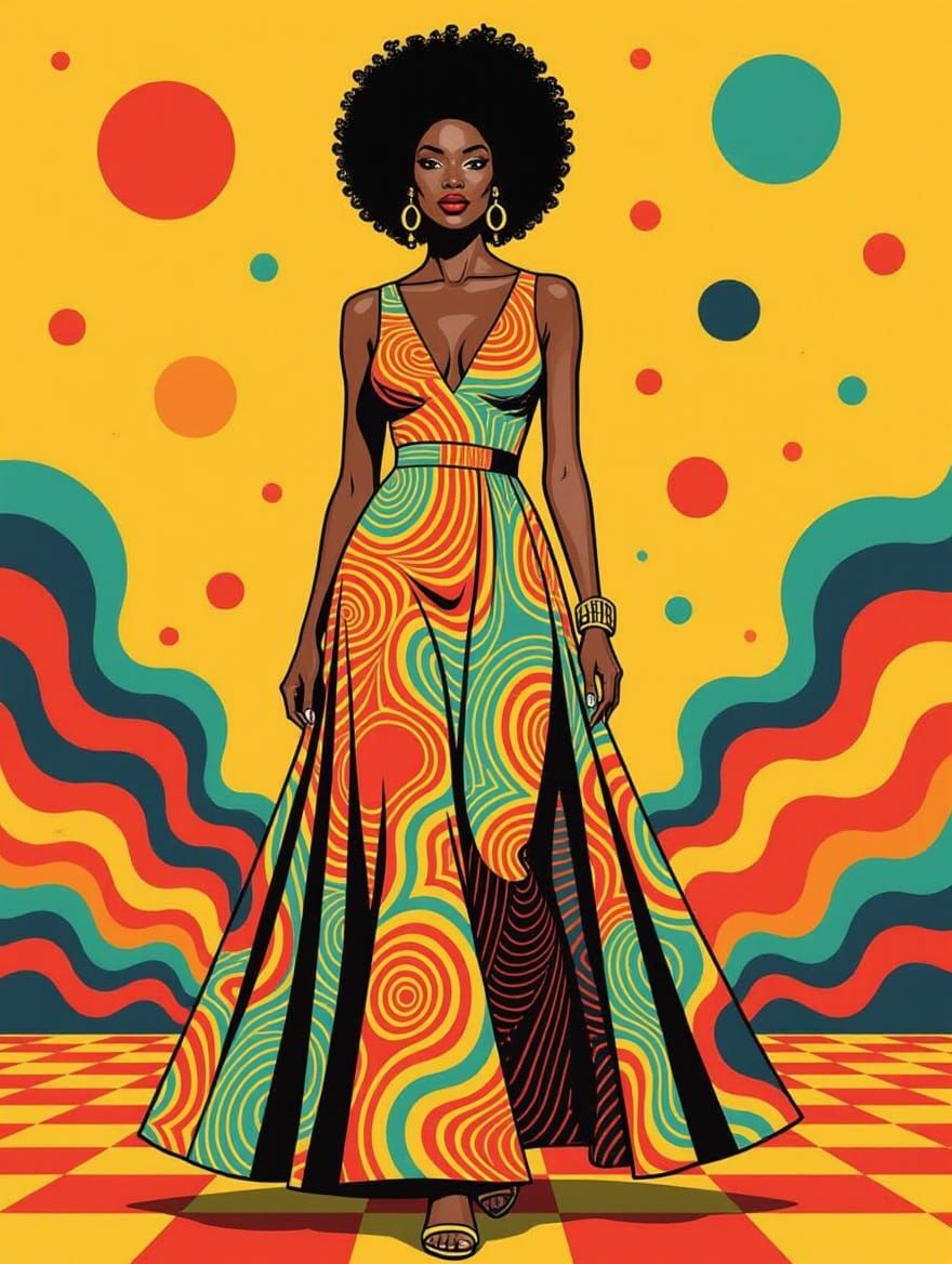 Afro Futuristic Psychedelic Goddess in 1960s Maxi Dress