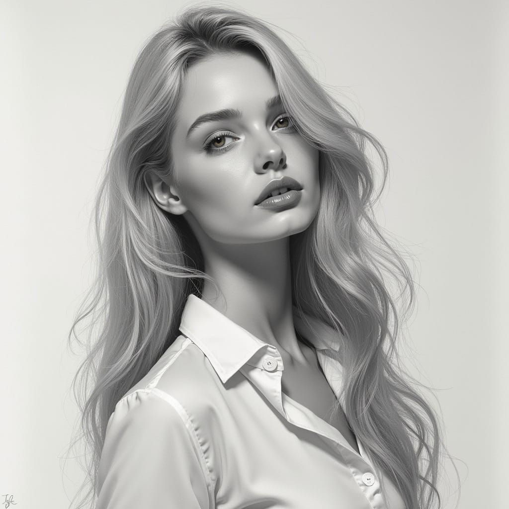 Elegant Blonde Girl: Hyperdetailed Charcoal Drawing