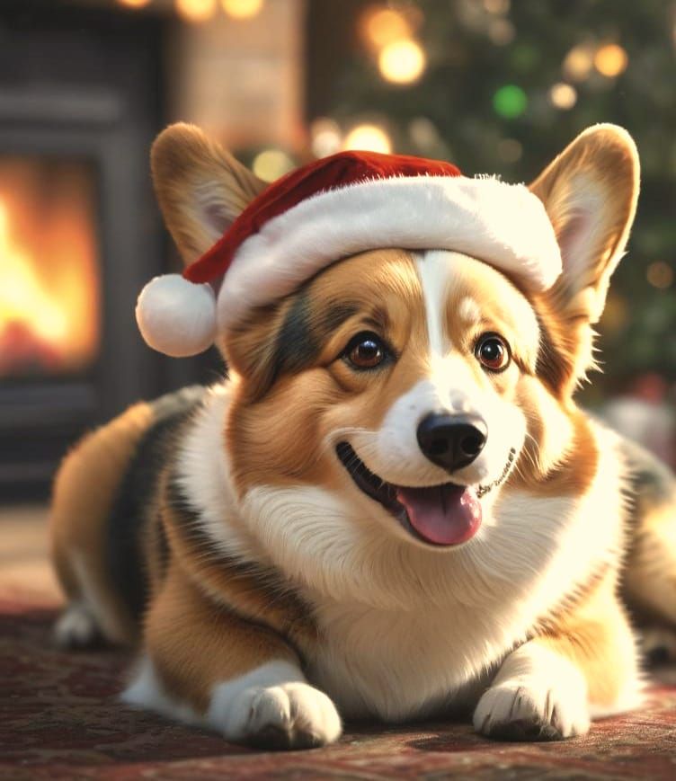 Adorable Corgi in Santa Hat: Christmas Digital Painting
