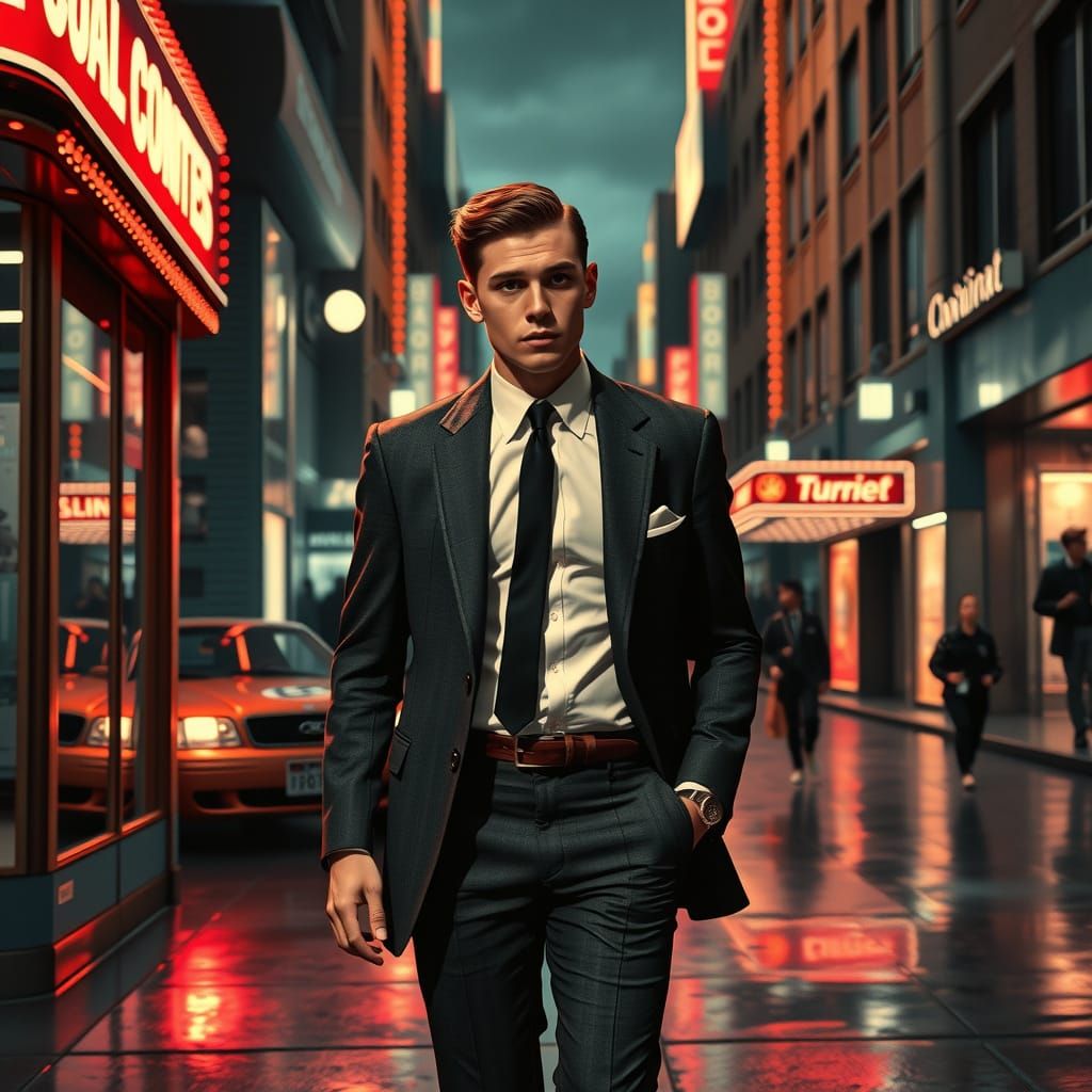 Man in Suit Walks Neon Street in Retro-Futuristic Style