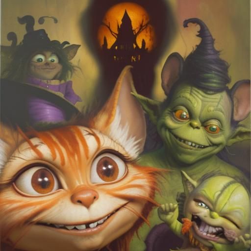 Cheshire Cat and Laughing Characters, Surreal Oil Painting