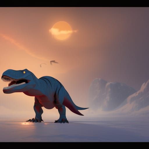 T-Rex in Snow Rain at Sunset: Detailed Matte Painting