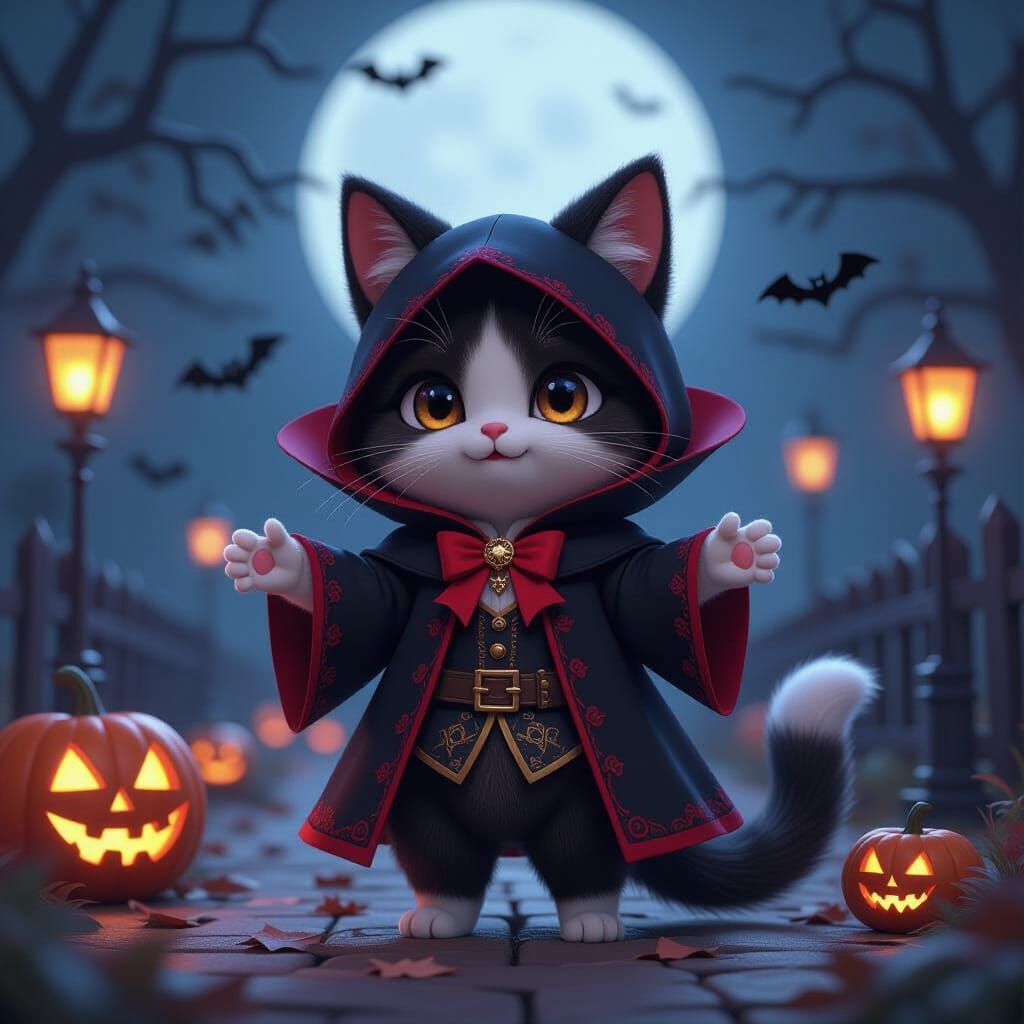 Cute Vampire Cat in Halloween Night Ambiance
