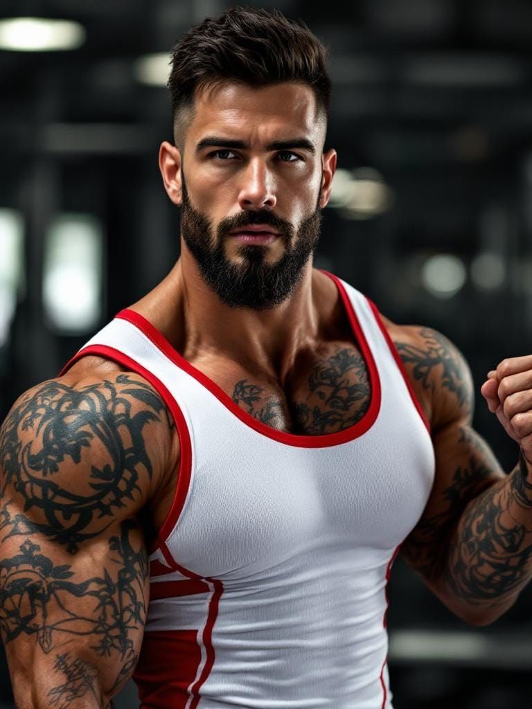 Muscular Tattooed Man Lifts Weights at the Gym