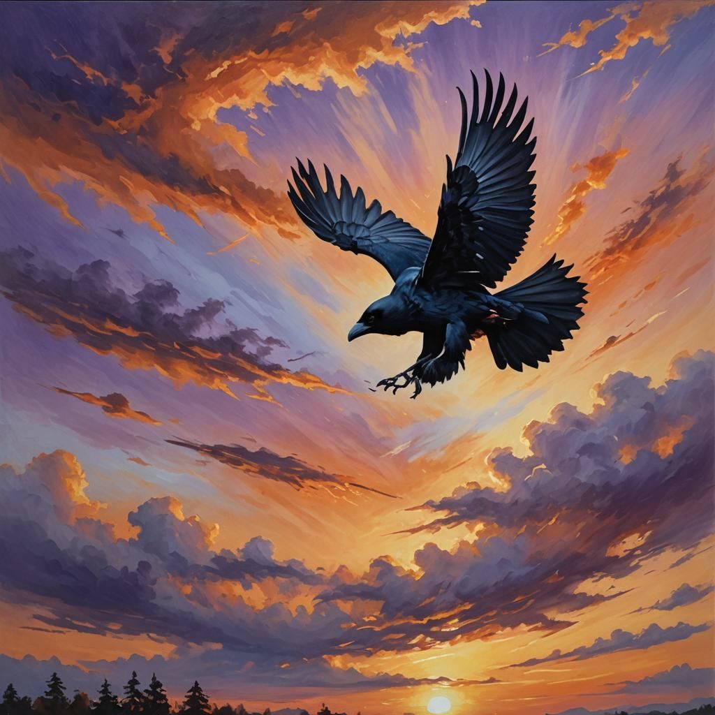 Crow Flying at Sunset in Magical Realism Style