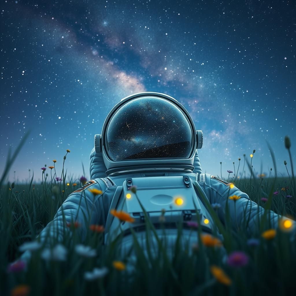 Astronaut Reflecting Universe in Dreamlike Meadow