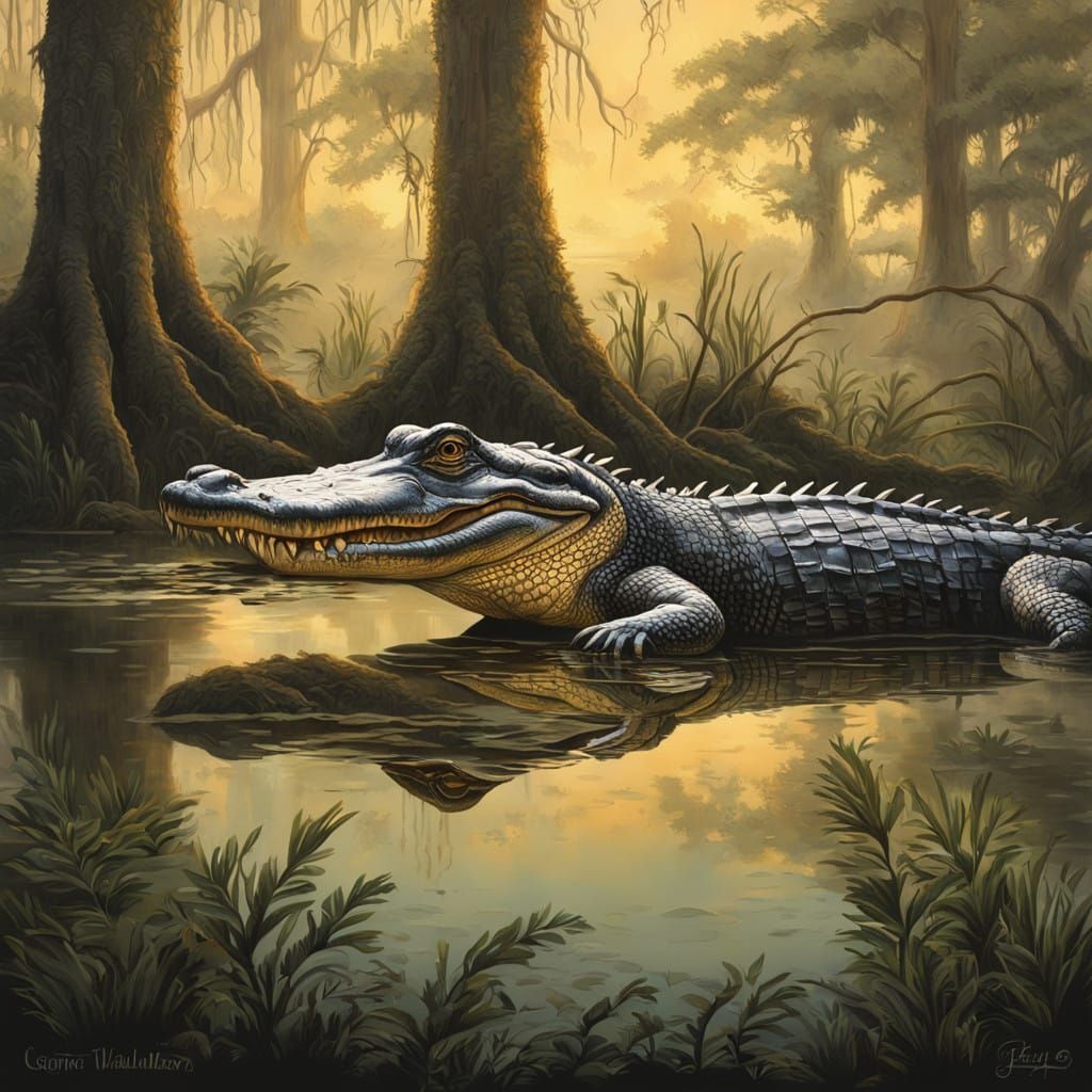 Majestic American Alligator in a Louisiana Bayou Sunset