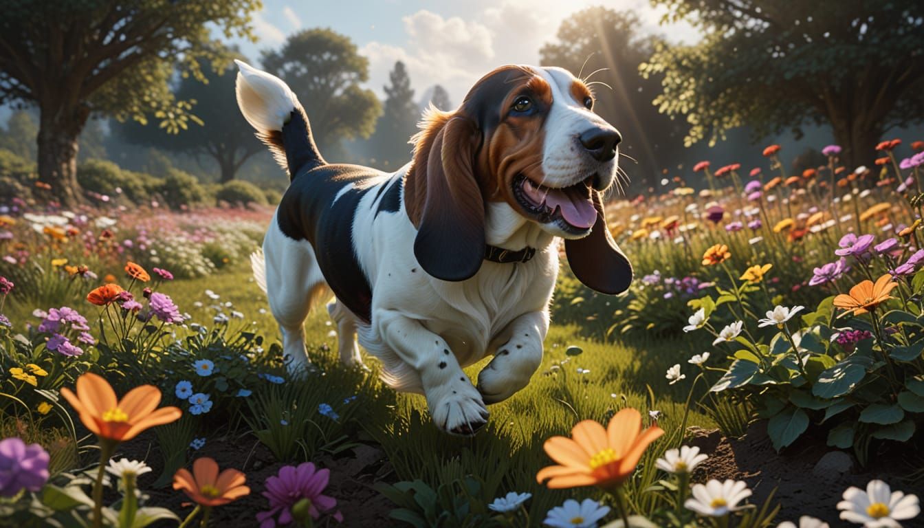 Basset Hound Running Through Flowers, Dark Fantasy Concept A...