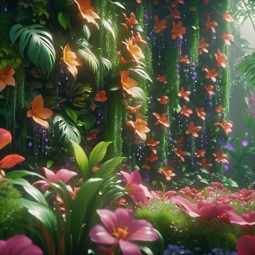 Lush Vertical Garden Overflowing with Flowers in Digital Mat...