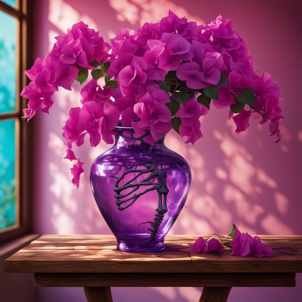 Purple Bougainvillea With Skeleton On Redwood Table