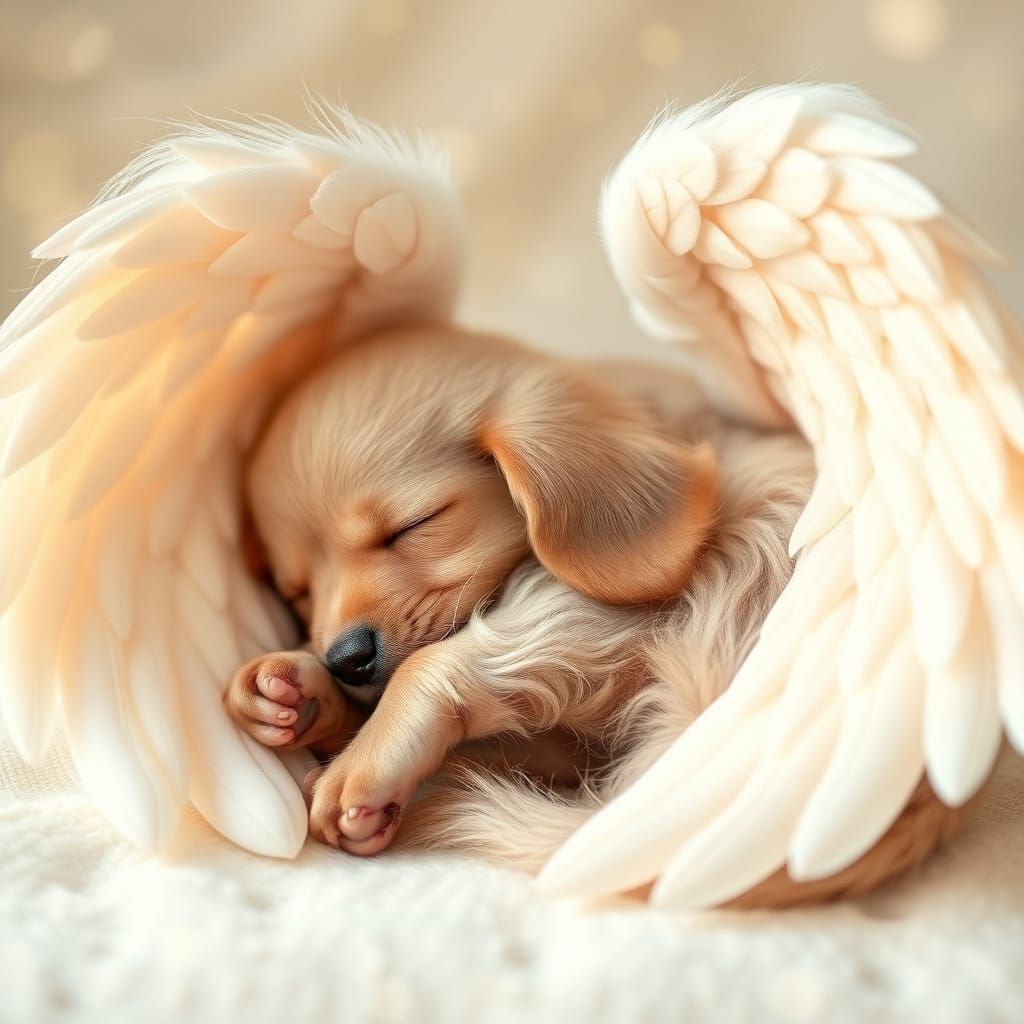 Surreal Pink Dachshund Puppy Surrounded by Angel Wings in So...
