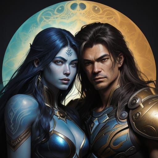 Teen Couple with Celestial Tattoos in Misty Ruins